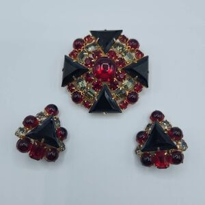 Juliana D & E Round Embellished Brooch & Triangle Clip-on Earrings Set Red